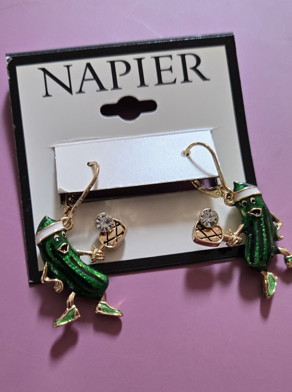 Napier Green Enamel Pickle Dangle Earrings with Gold Accents - Picture 2 of 6